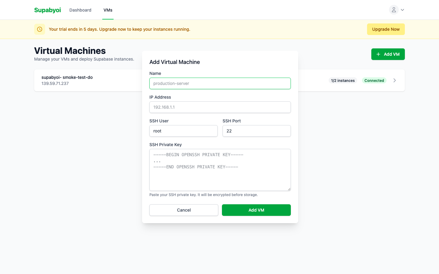 Add VM form showing fields for name, IP address, SSH user, port, and private key